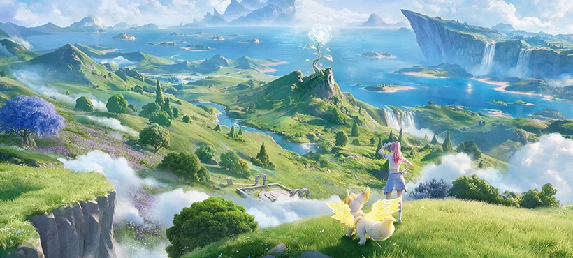 Official Part 2 art: a Pathfinder and her Aniimo look out over green hills, rivers and the sea