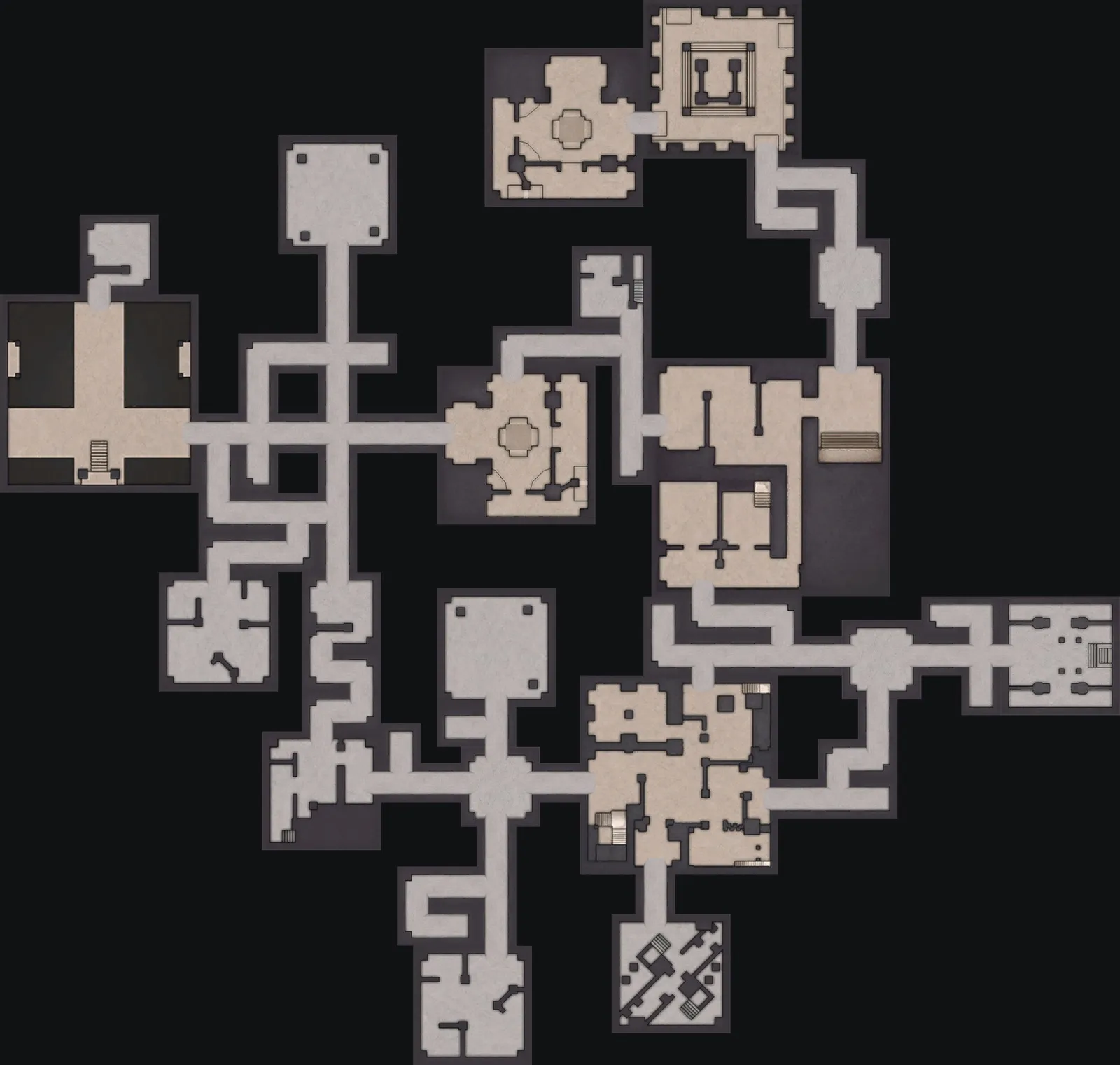 The Nightmare and Chaos Lost Sanctum layout with the blue door to the south, 121 m from the orange door
