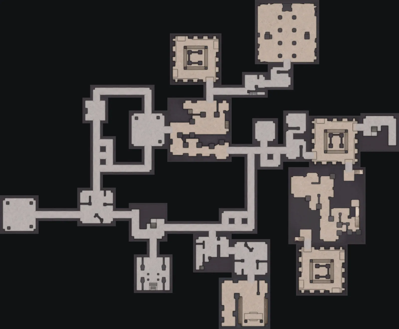The Nightmare and Chaos Lost Sanctum layout with the blue door to the northeast, 120 m from the orange door