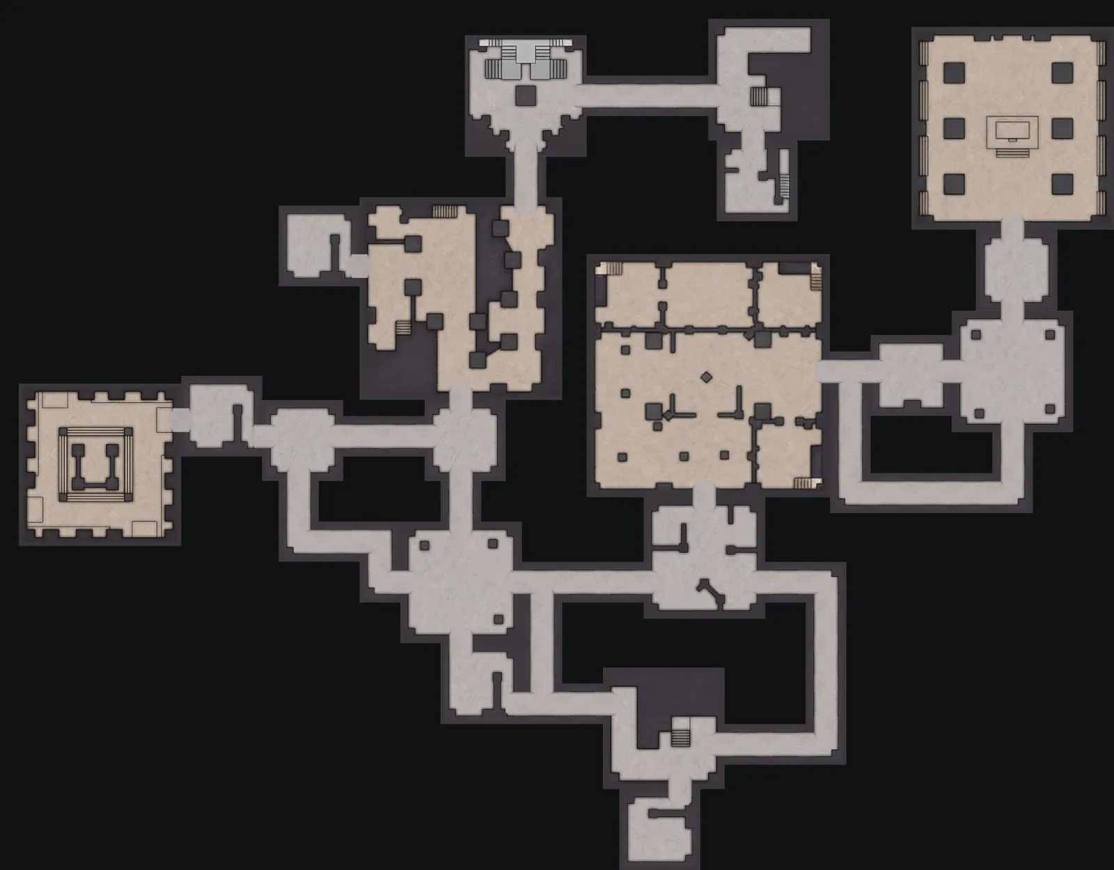 The Nightmare and Chaos Lost Sanctum layout with the blue door to the west, 146 m from the orange door