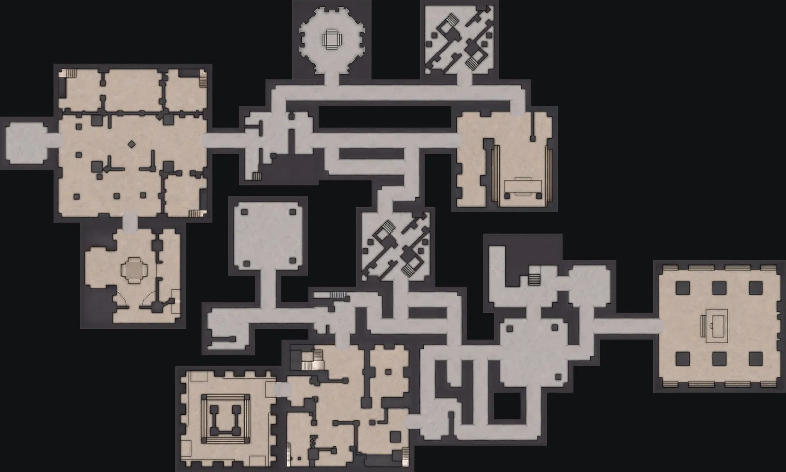 The Nightmare and Chaos Lost Sanctum layout with the blue door to the southeast, 109 m from the orange door