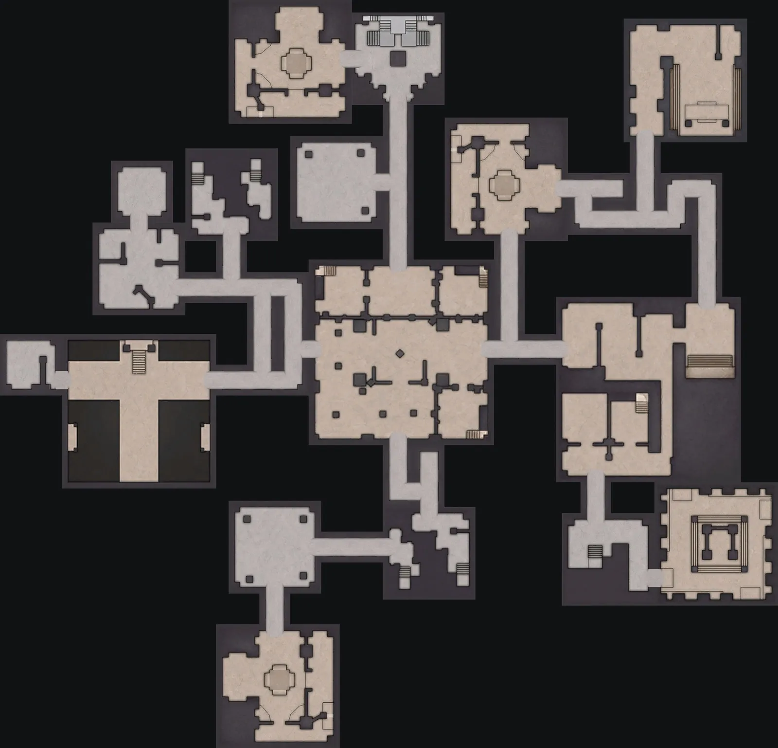 The Nightmare and Chaos Lost Sanctum layout with the blue door to the north, 120 m from the orange door