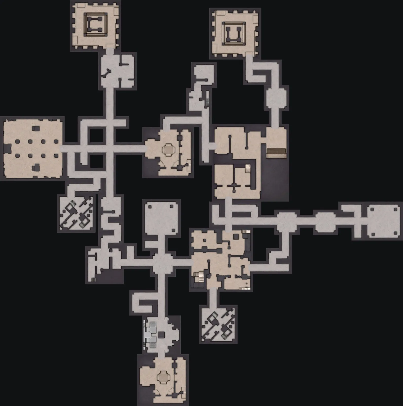 The Nightmare and Chaos Lost Sanctum layout with the blue door to the west, 172 m from the orange door