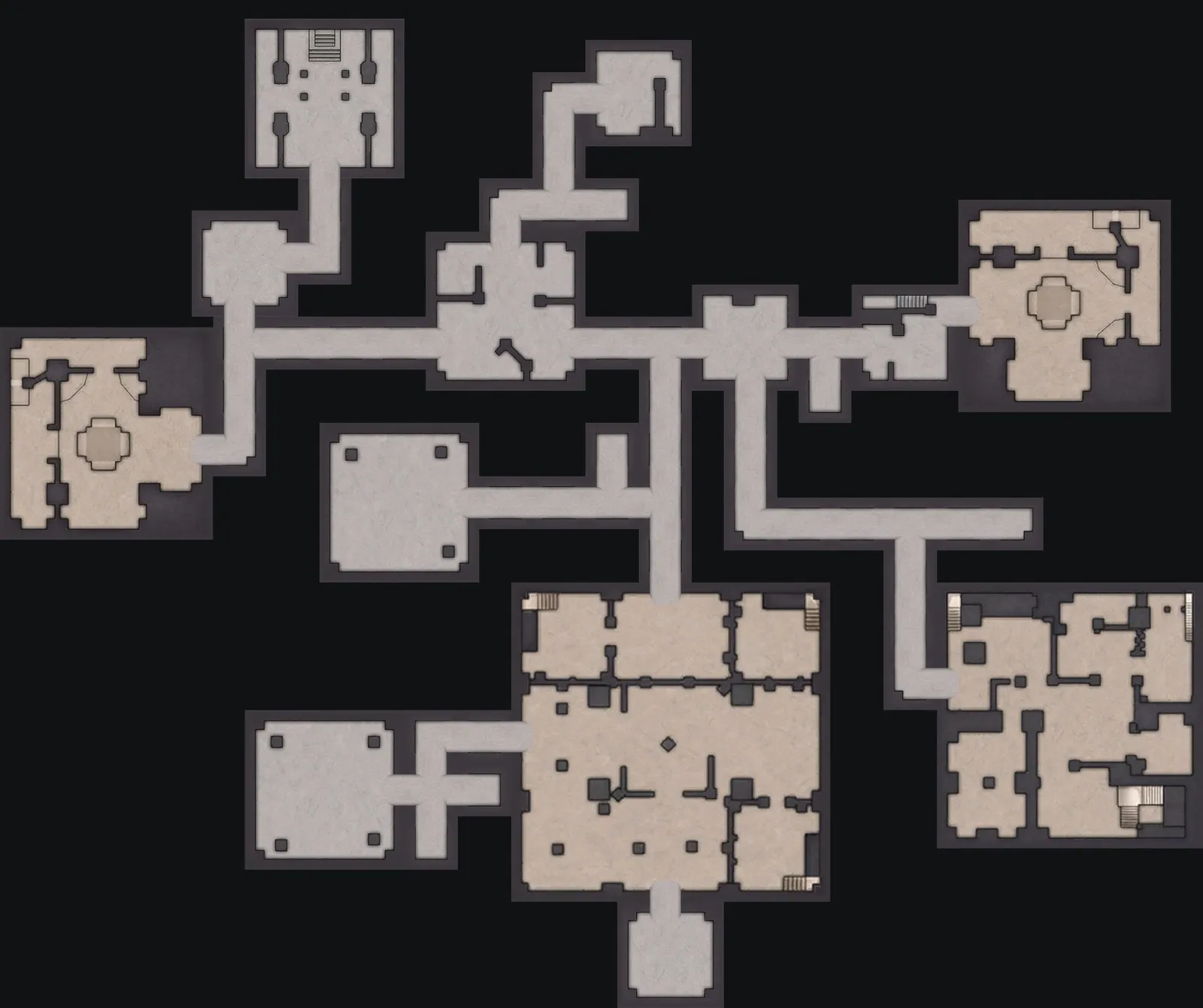 The Hard Lost Sanctum layout with the blue door to the north, 56 m from the orange door