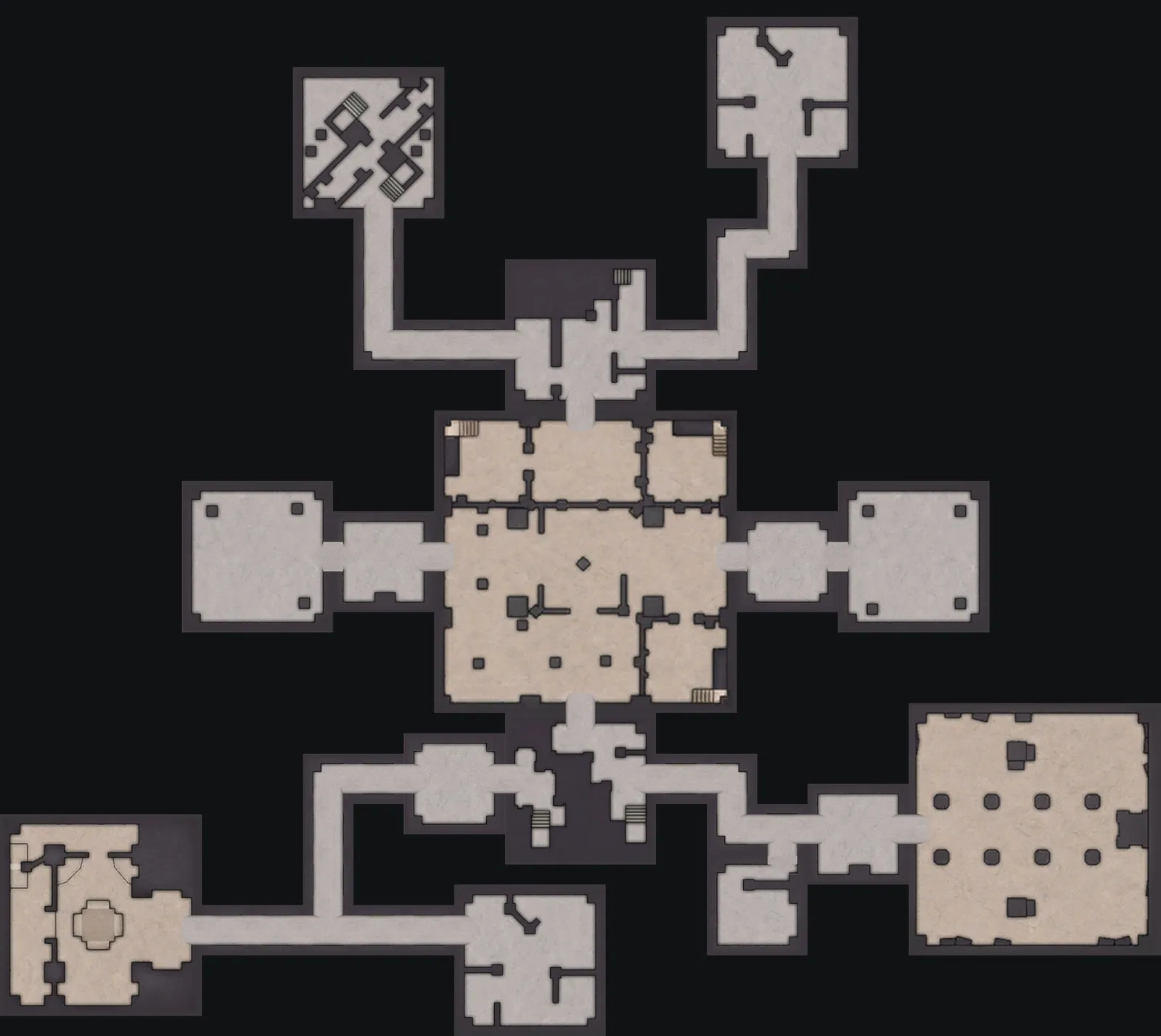 The Hard Lost Sanctum layout with the blue door to the west, 130 m from the orange door