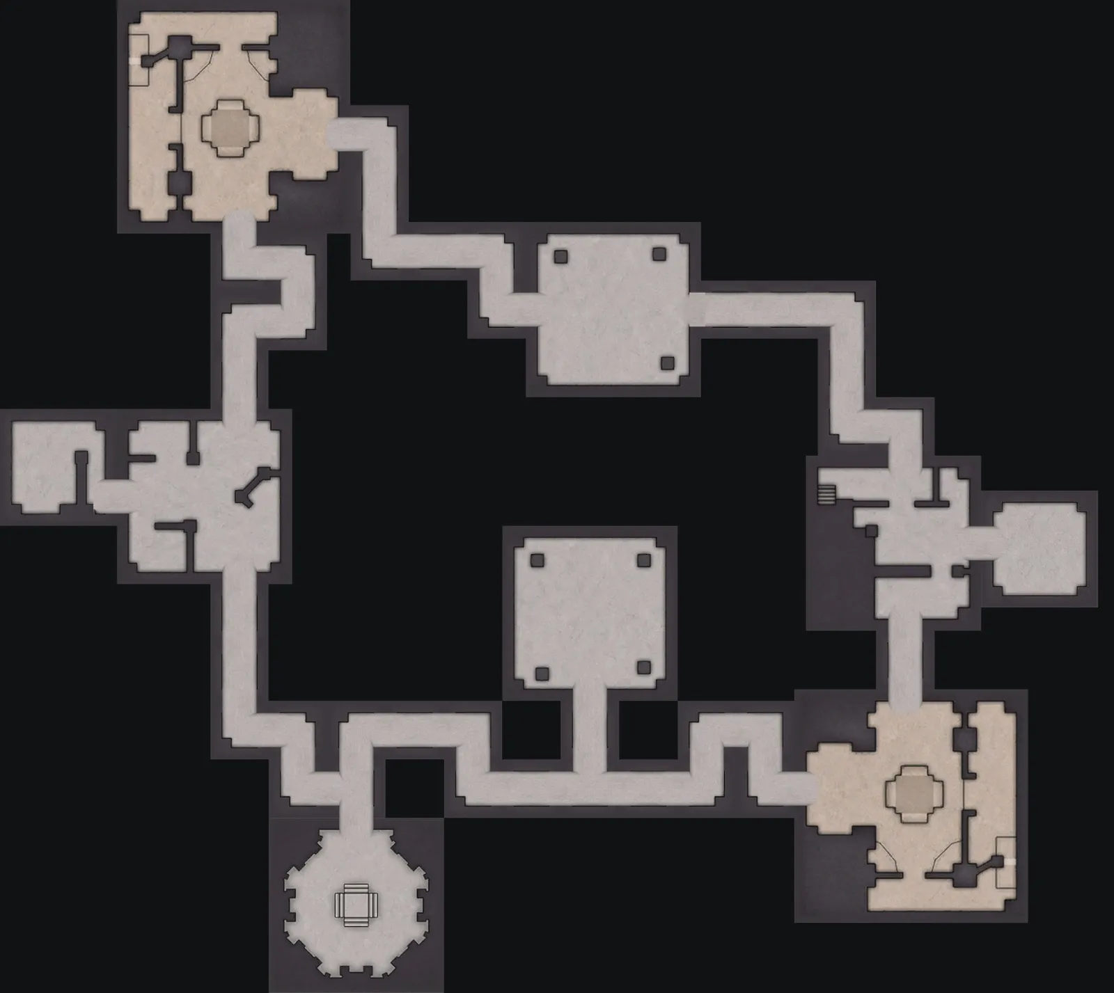 The Normal Lost Sanctum layout with the blue door to the north, 52 m from the orange door