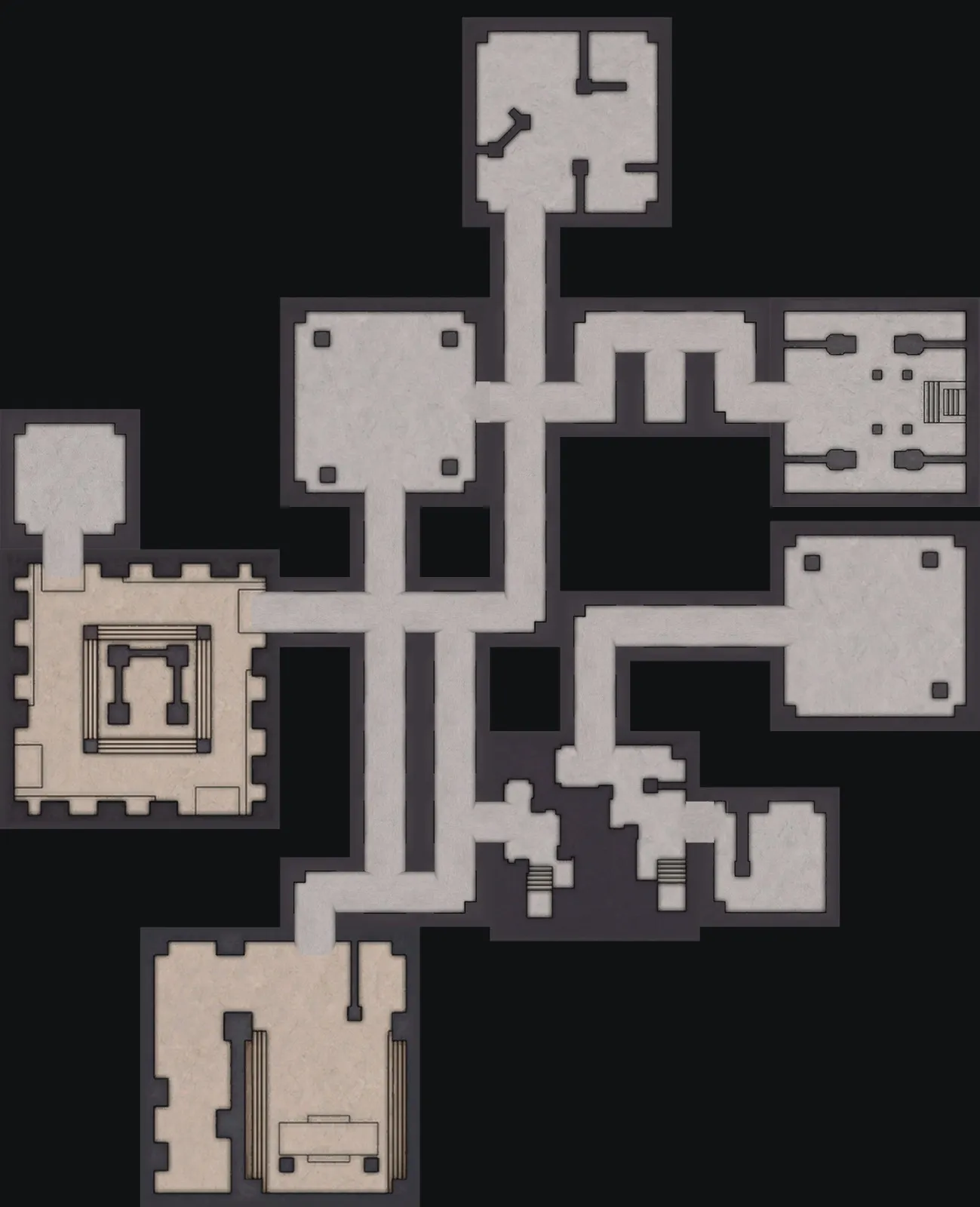 The Normal Lost Sanctum layout with the blue door to the southeast, 77 m from the orange door